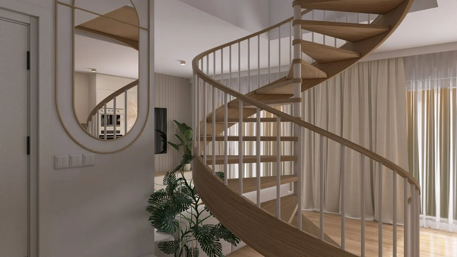 Lekkie spiralne drewniane schody z delikatną balustradą
